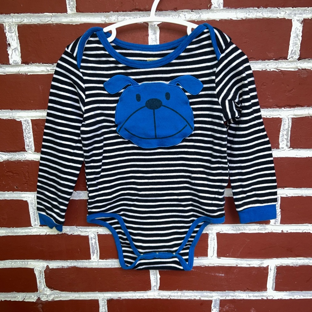 Gagou Tagou | black and white striped onesie with blue dog | size 24m